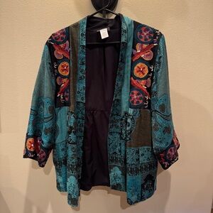 Soft Sorroundings Cardigan Womens Large Green 3/4 Sleeve Embroidered Open Front